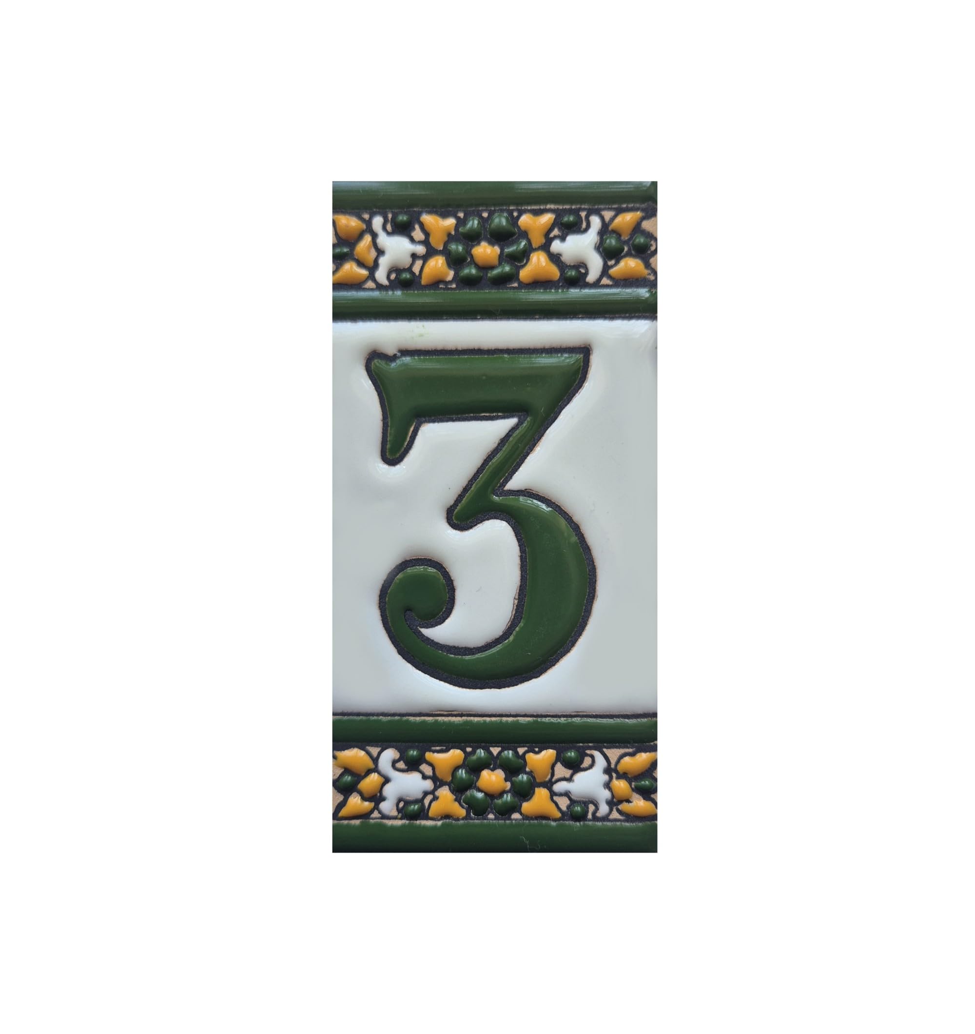 Sevillia Green, hand-painted ceramic house number tiles measuring 11 × 5.5 cm. (Number 3 tile)
