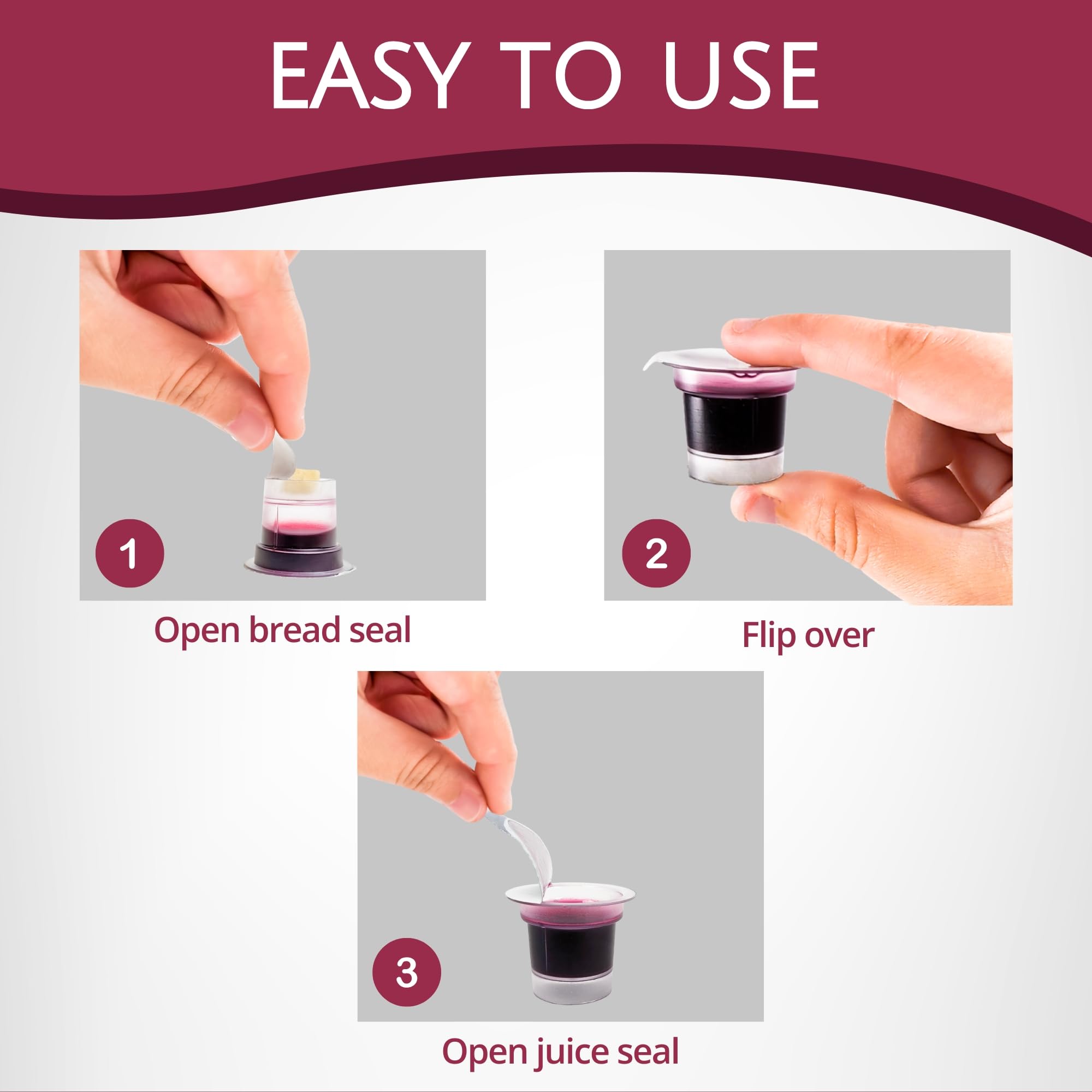 TrueVine Top & Bottom Communion Cups and Wafer Set - Prefilled Cups with Fresh Unleavened Bread & Grape Juice - Carefully Packaged & Easy to Open, Ideal First Communion Favors for Guests (100 Count)