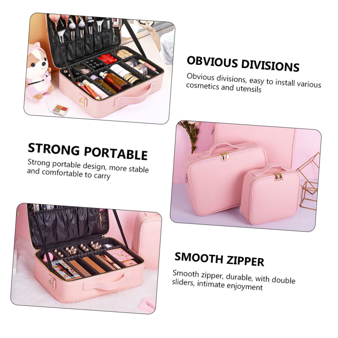 Trousse de Maquillage de Voyage Rose en Cuir Pu, Capacité | Compartiments Réglables, Cloisons Amovibles, Fermeture Éclair, Usage Maison ou Déplacement, Style Simple