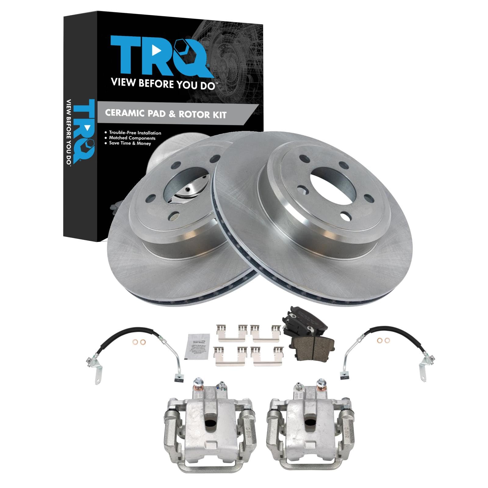 TRQ Rear Brake Pad &amp; Rotor Kit Ceramic Compatible with 2009 Dodge Challenger