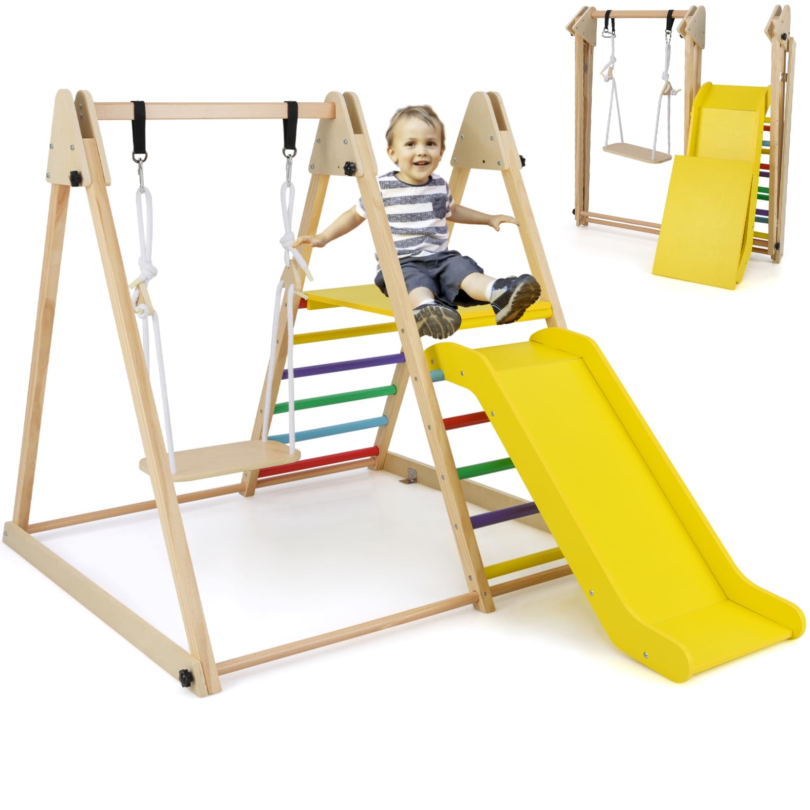 GYMAX 3 in 1 Kids Climbing Set, Wooden Toddler Swing Climber Set with Slide & Adjustable Rope, Indoor Playground Children Climbing Frame for 3 Years Old + Boys Girls (Colorful)