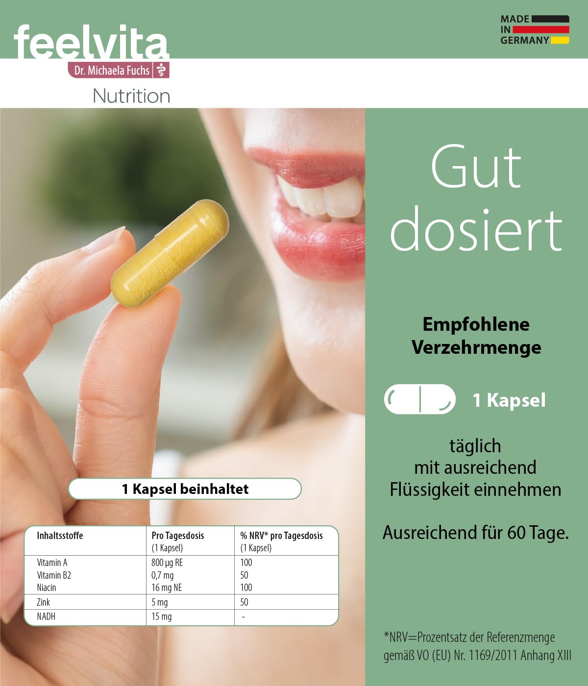 Genius Feelvita Nutrition NADH-Kapseln mit Niacin, Zink, Vitamin A & Vitamin B2- für einen normalen Energiestoffwechsel und zur Verringerung von Müdigkeit- 60 Kapseln, 2-Monatsvorrat, Made in Germany