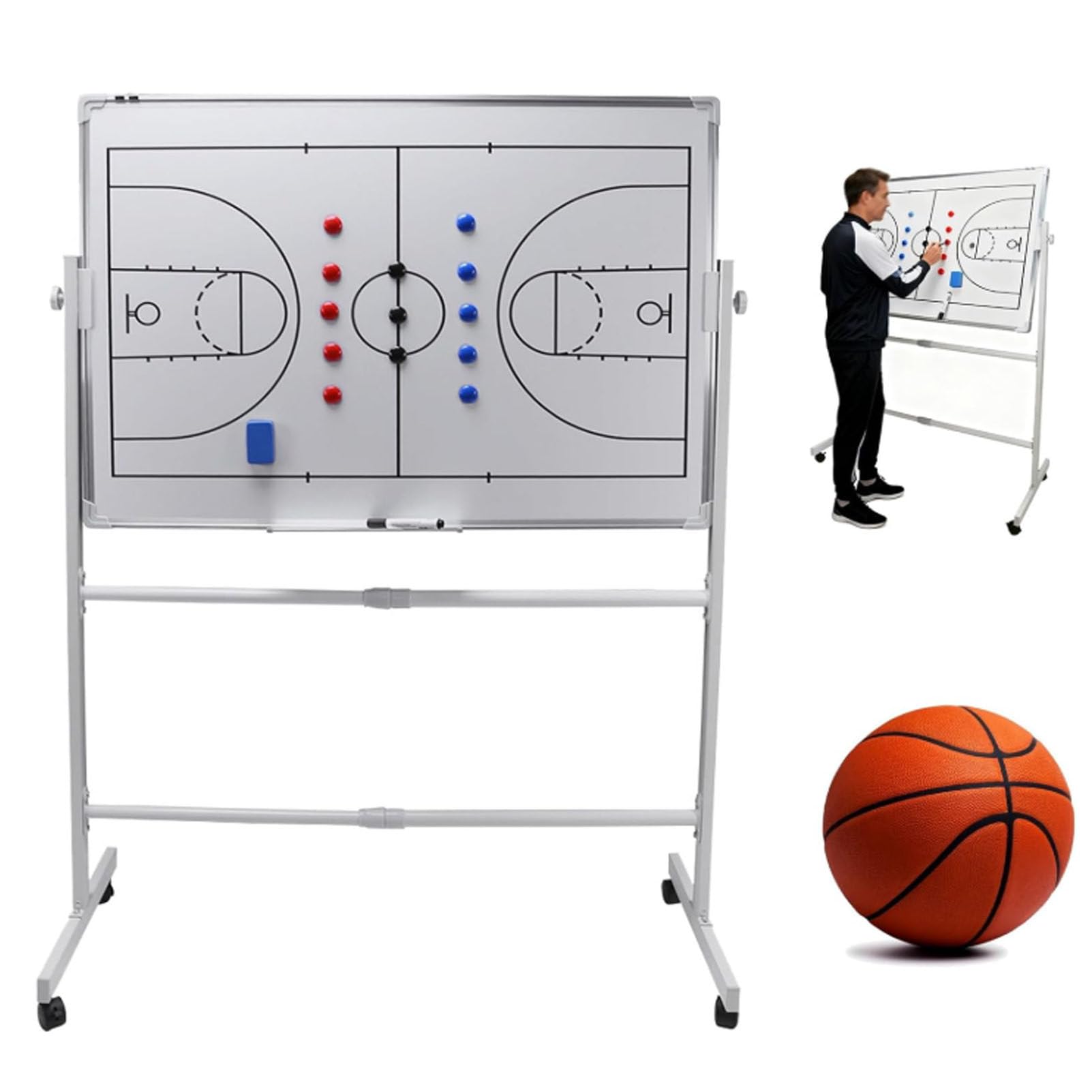 Lavagna bianca con ruote su entrambi i lati, per allenamenti, pallacanestro e calcio, con pennarello e gomma, staffa retrattile, per allenamento quotidiano e distribuzione tattica
