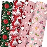 GIOLAINY Christmas Wrapping Paper for Kids Boys Girls Baby Men Women - Xmas Gift Wrap Contain Red Trees, Pink Santa, Snowflakes, Green "Merry Christmas" with Holly Design - 6 Sheets (29*42 Inch per Sheet), Recyclable, High Gloss, Easy to Store, Not Roll