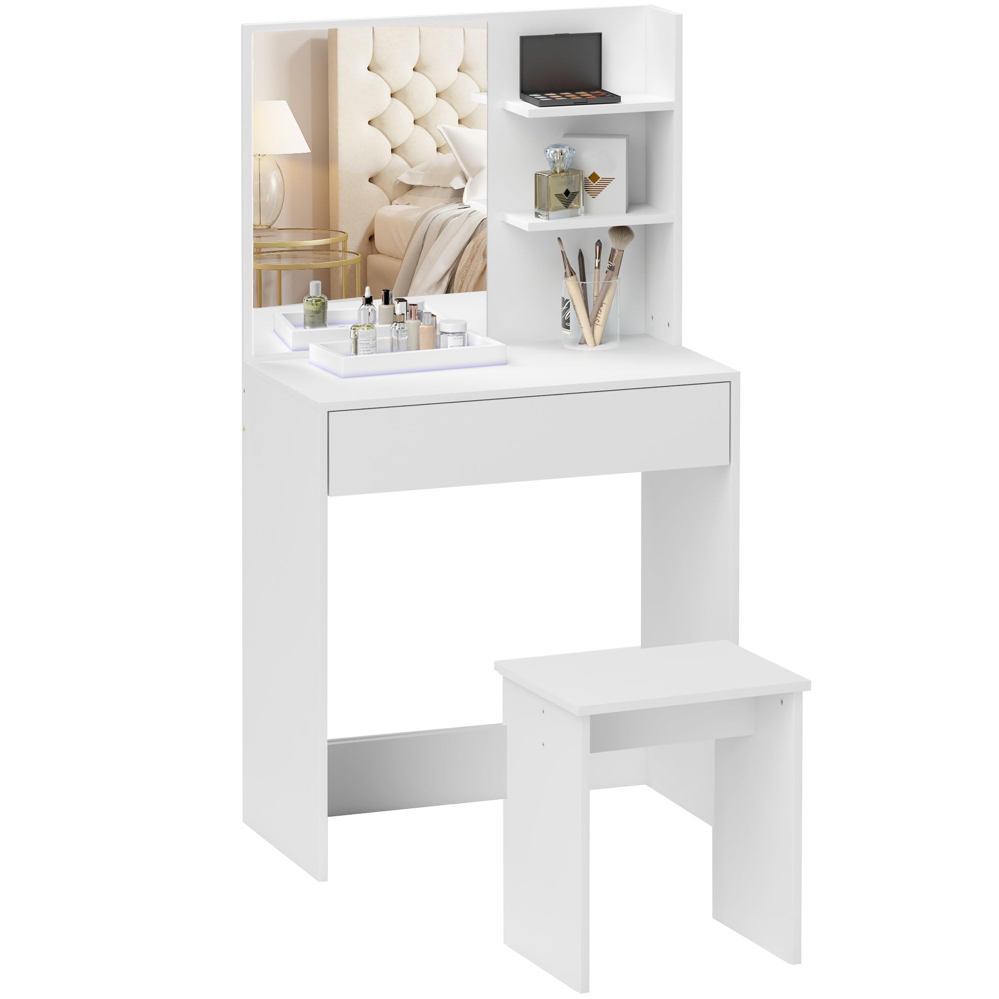 HOMCOM Postazione Trucco a 3 Ripiani e Cassetti con Specchio e Sgabello Abbinato, Toeletta Trucco da Camera in Truciolato, 75x40x137 cm, Bianco