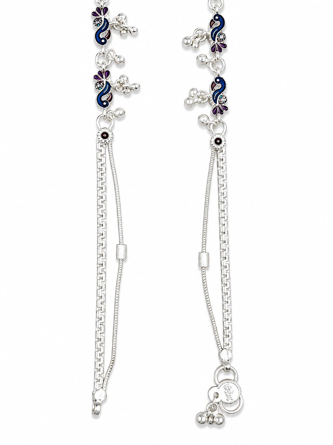 Silver-Toned Anklet Pair with Blue Enamel Floral Motifs | Ghungroo Charms and Double Chain-image-48