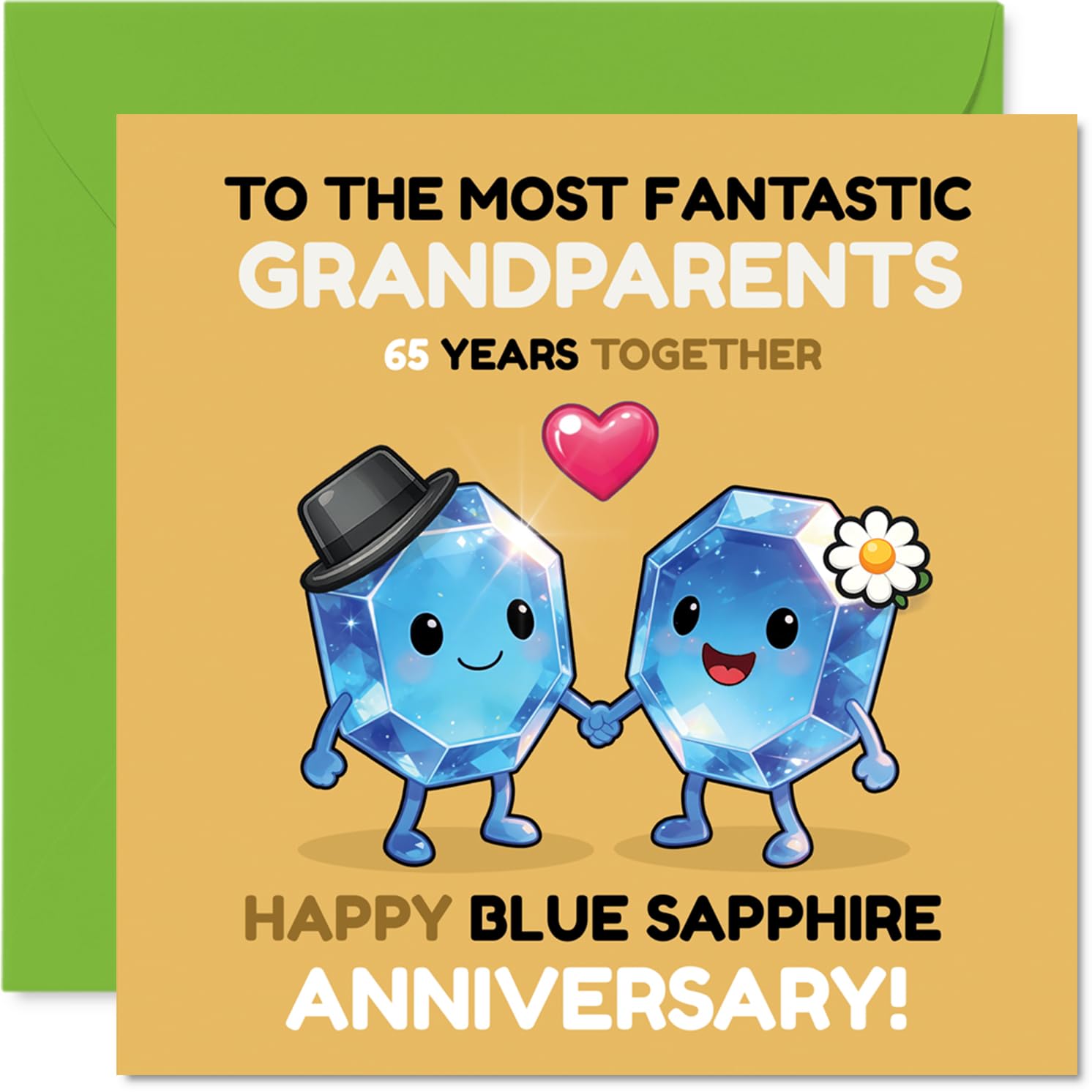 Sentimental 65th Anniversary Card for Grandparents - 65 Years of Love and Laughs - Cheerful Sapphires Motif Celebrating a Blue Sapphire Milestone - 145mm Square, Envelope Included