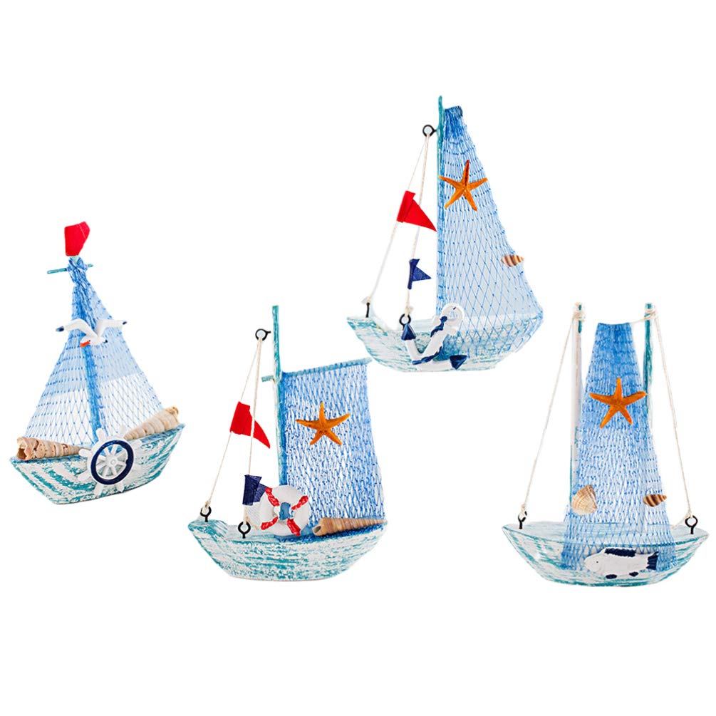 Vosarea Assorted Color 4Pcs Wooden Sailboat Model Vintage Nautical Wooden Ship Sailboat Boat Ornaments Decorativecoastal Beach Tabletop Decor Nautical