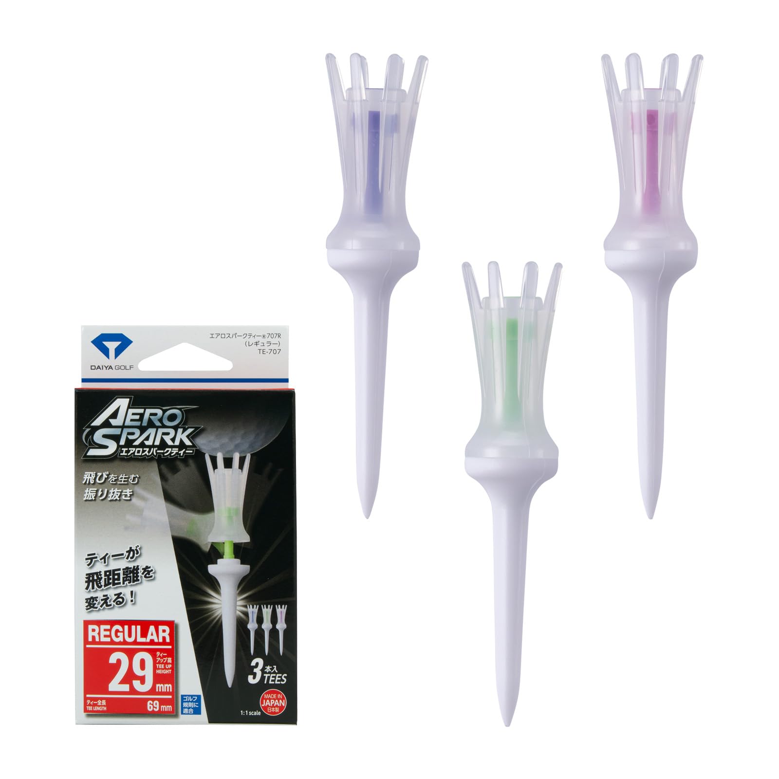 ダイヤゴルフ(DAIYA Golf) ゴルフティー エアロスパークティー レギュラー 360度首振り機能 飛距離アップに繋がる ティーアップ高29mm ゴルフ規則適合 初心者 日本製 3本入