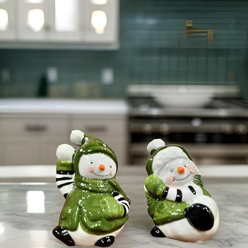 Miniatura 3 de The Bridge Collection Green Clad Snowmen - Juego de salero y pimentero – Juego de 2 piezas de muñeco de nieve de invierno, divertidos saleros y