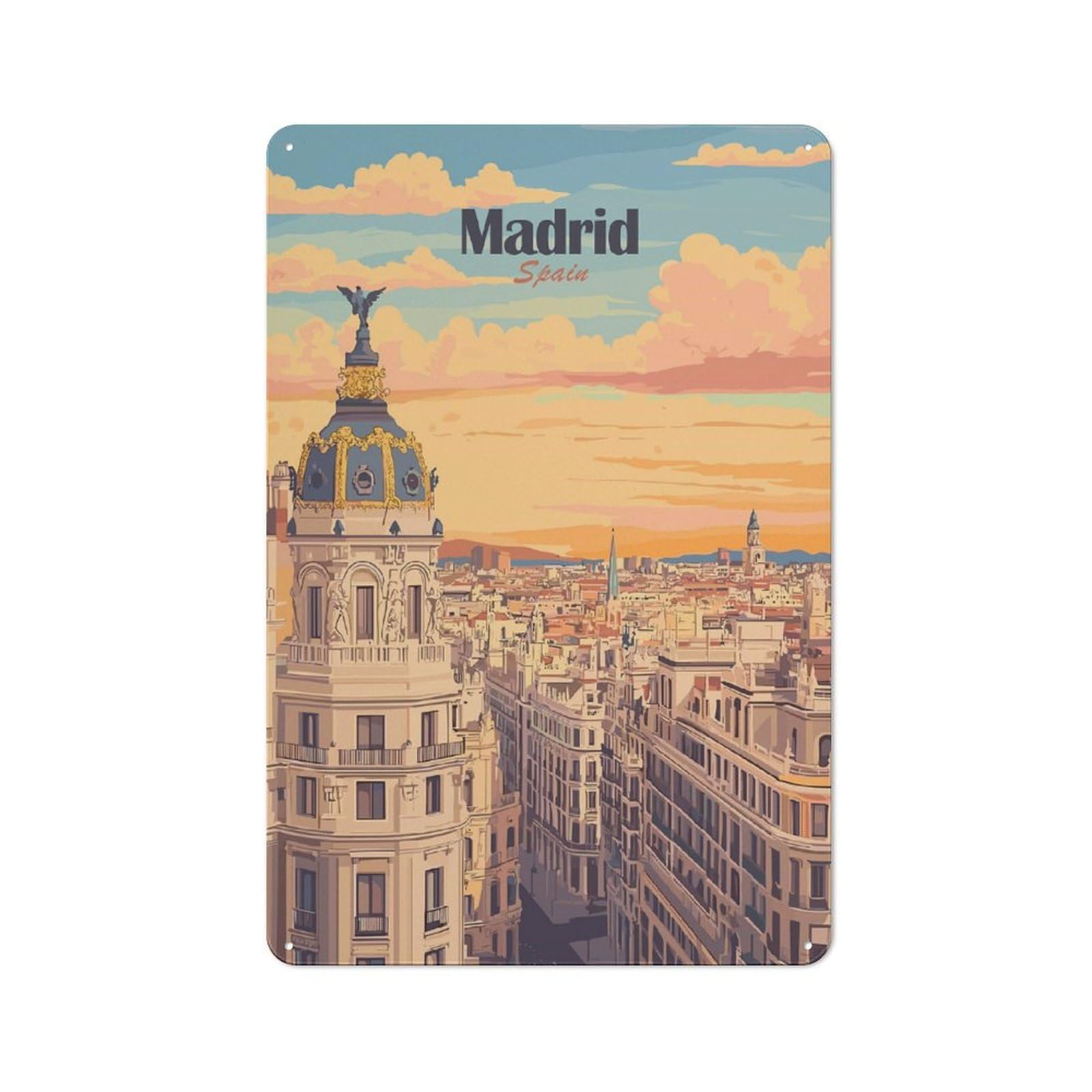Junmoney Style-7 Madrid, Spain Cityscape Illustration Rustic Metal Wall Sign 30X20cm For Bar Or Restaurant, A Decorative Metal Sign For Bars And Restaurants