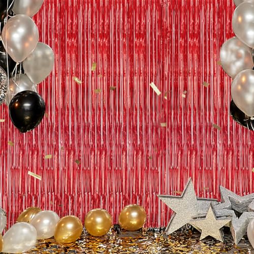 Image of DECOCKRAT 3 Pack Foil Fringe Backdrop - Red Shiny Tinsel Curtains for Party Decoration /Photo Booth Props - 3.3x8.2 FT Metallic Foil Backdrop for Birthday, Wedding, Graduation, Christmas.