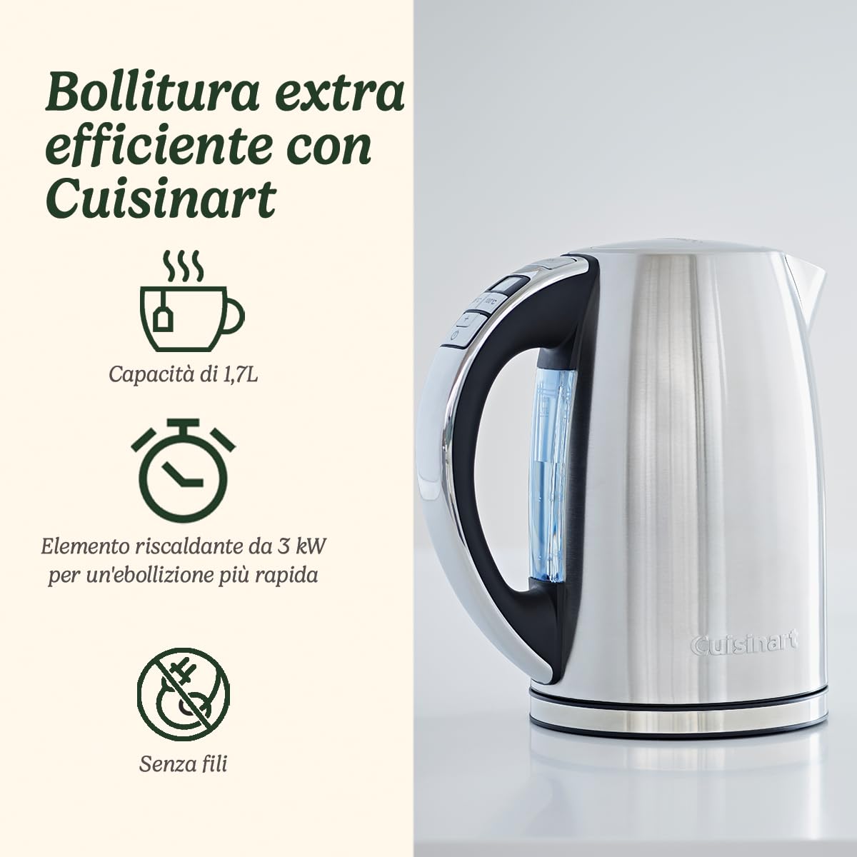Cuisinart CPK17E Bollitore elettrico, Acciaio inox, display LCD e temperature regolabili da 85°C a 100°C, capacità 1.7 litri
