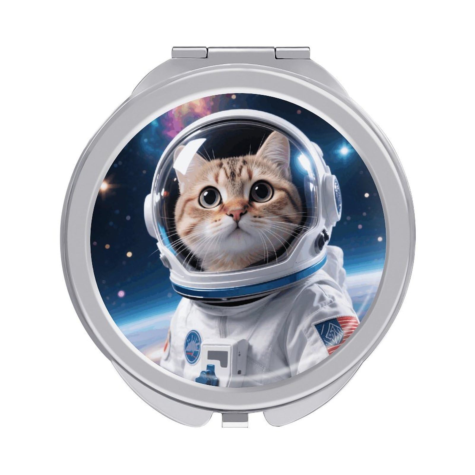FodPand Compact Hand Mirror with 1x/2x Magnifying Round Travel Makeup Mirror Mini Foldable Cat Astronaut Cosmetic Mirrors Travel Essentials Gift for Women Girl Portable for Pocket Purse -Silver