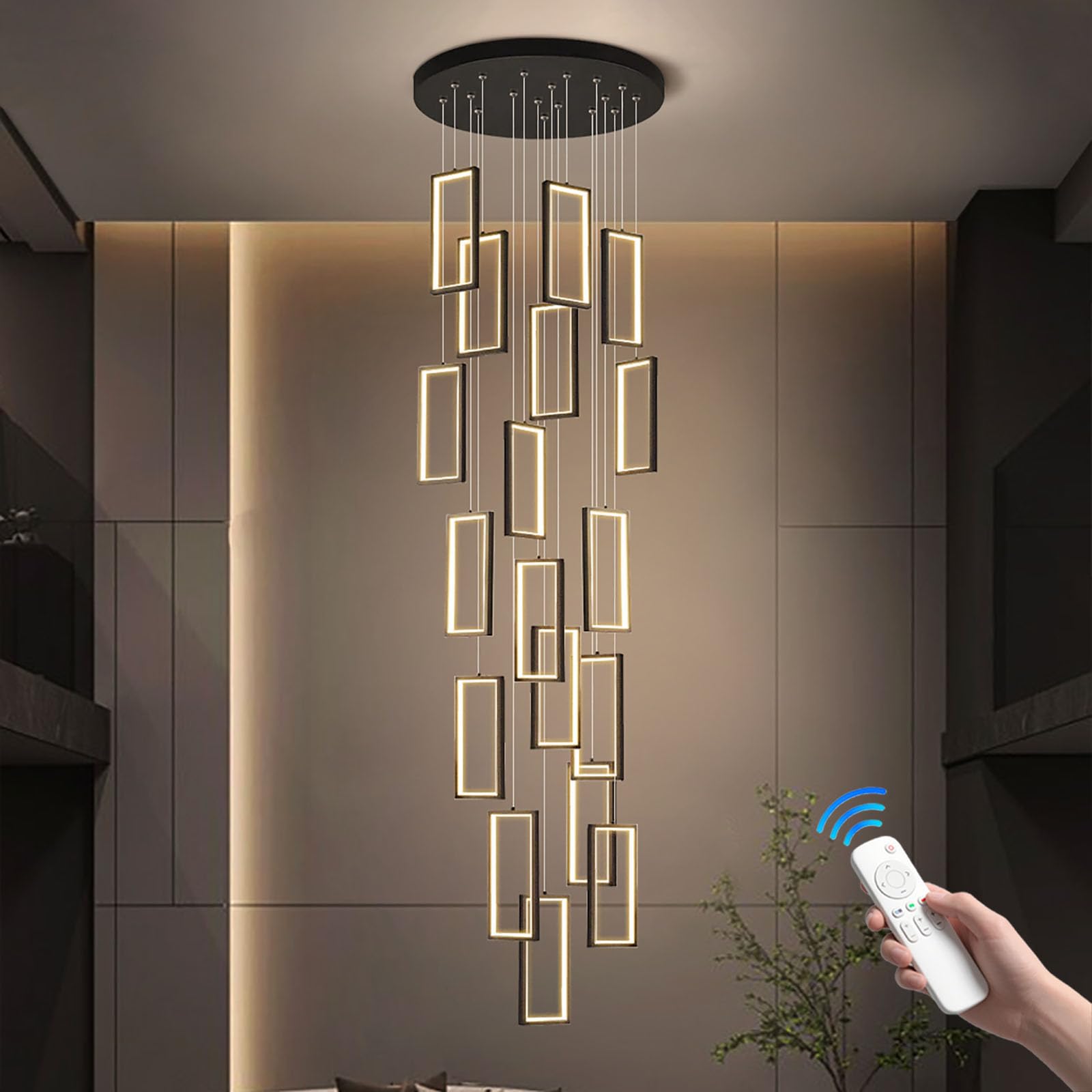 KXEcoLife Dimmable Modern Rectangular Chandelier for High Ceilings 12/15/18 Lights with Remote Control 300cm Adjustable Staircase Lighting Black 215W - Perfect Villas & Foyers