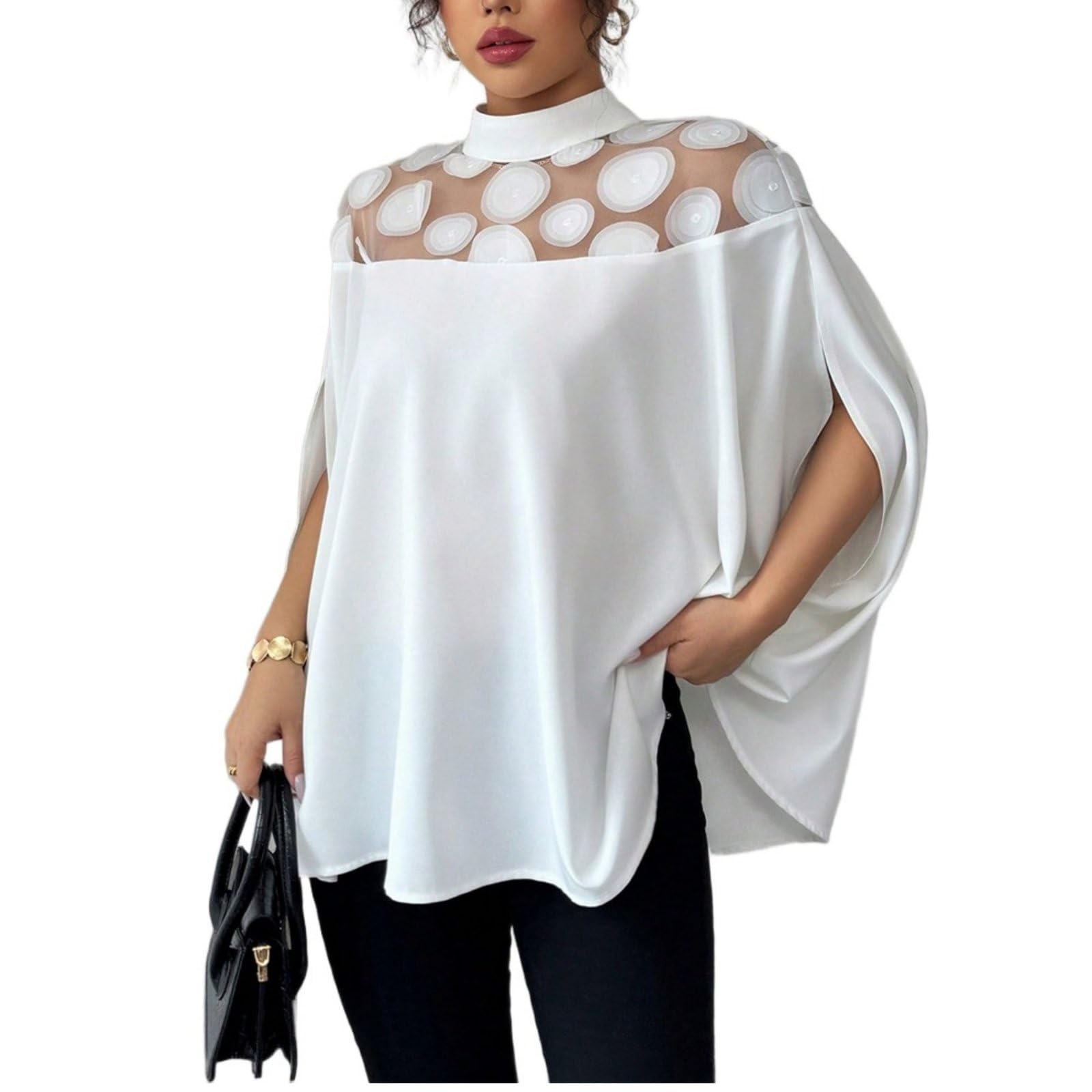 Top Oversize Fluidi Da Donna Maglie Trasparenti Con Inserto in Rete Colletto Alla Coreana Bluse Eleganti