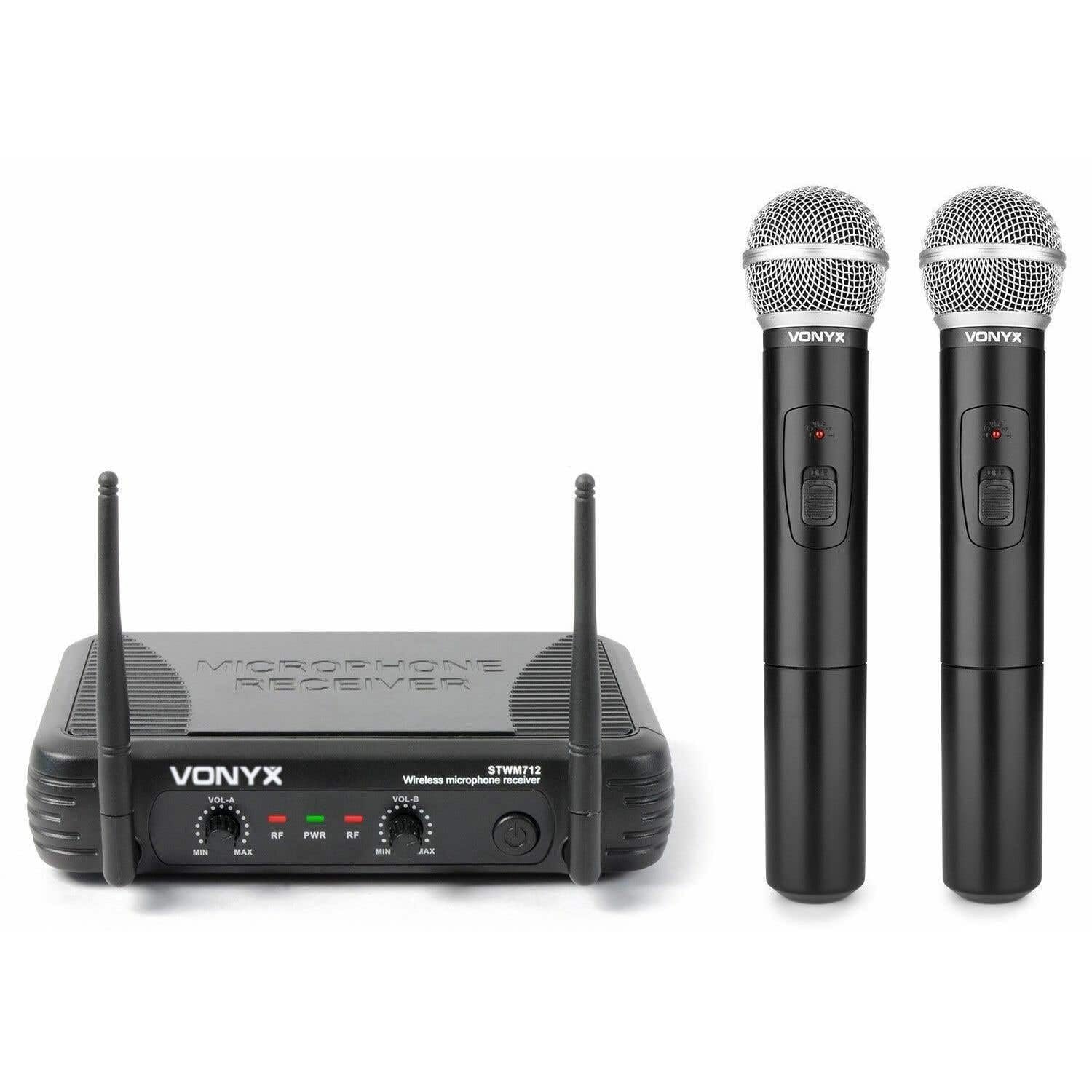 Vonyx STWM712 Sistema de Micrófono Inalámbrico Dual VHF con Antena Diversity, Incluye 2 Micrófonos de Mano, Ideal para Escenarios, Conferencias, Presentaciones, Microfono Reuniones, Micros para Cantar