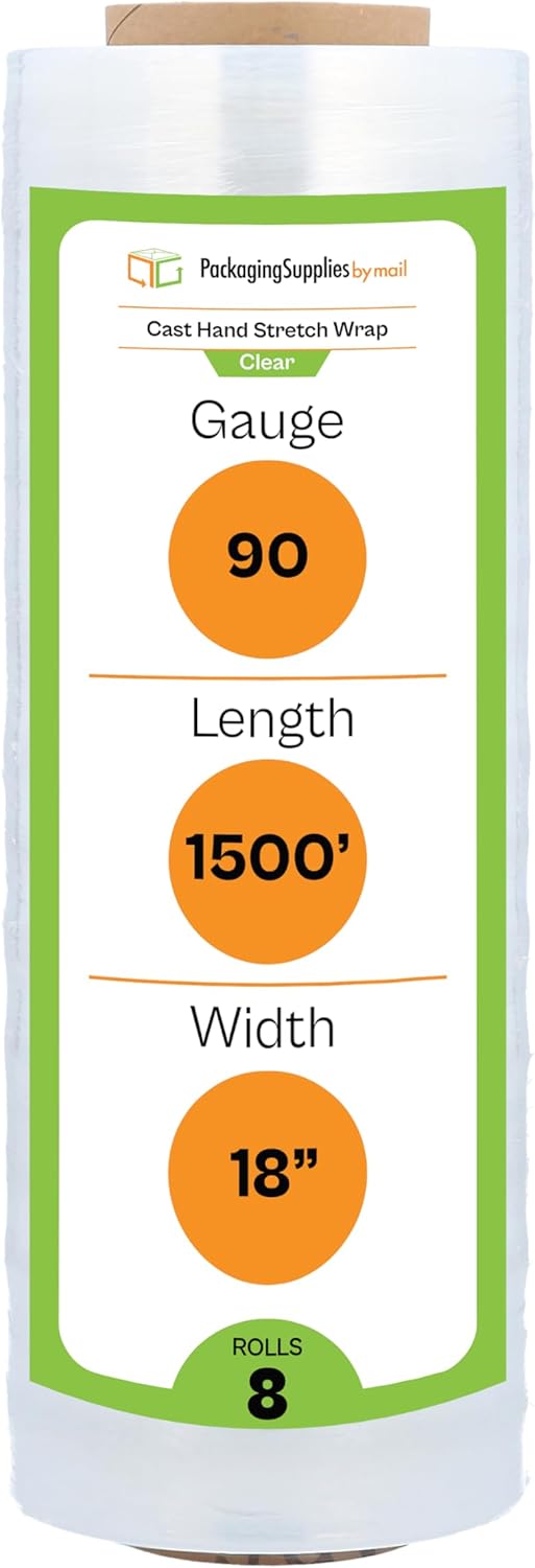 Cast Hand Stretch Wrap Plastic self-adhering Shrink Film 3” Core 18 Inch x 1500 Feet 90 Gauge (8 Rolls)