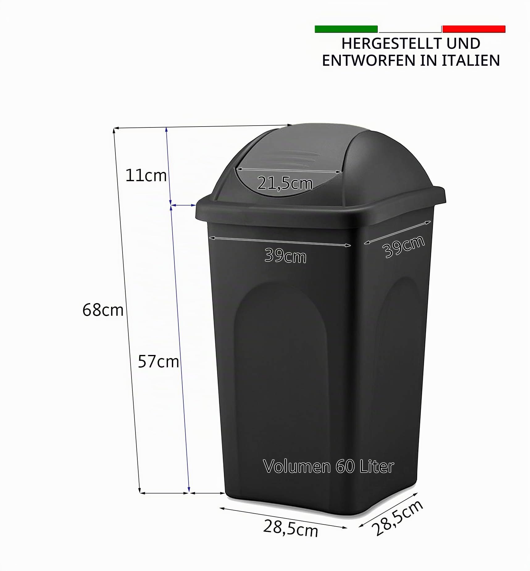 BigDean 3x Mülleimer groß 60L mit Schwingdeckel schwarz gelb, grün, blau