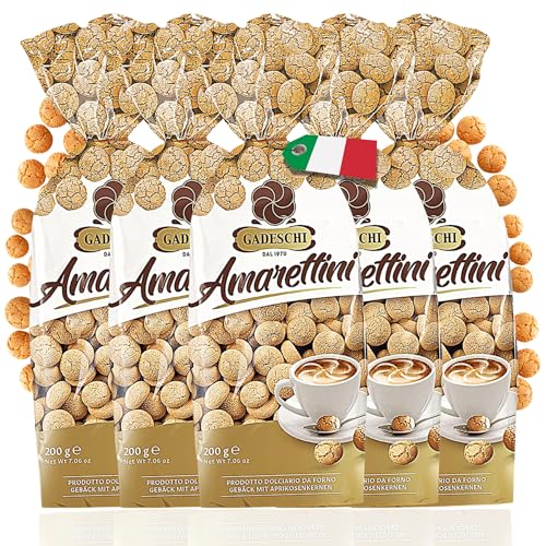 Gadeschi Amarettini Kekse 5x 200g [MIT APRIKOSENKERNE] - Italienisches Kaffegebäck - Perfekt zum Kaffee, Heißgetränken & als Dekoration - Traditionelle Rezeptur - Süß & Luftiges Gebäck