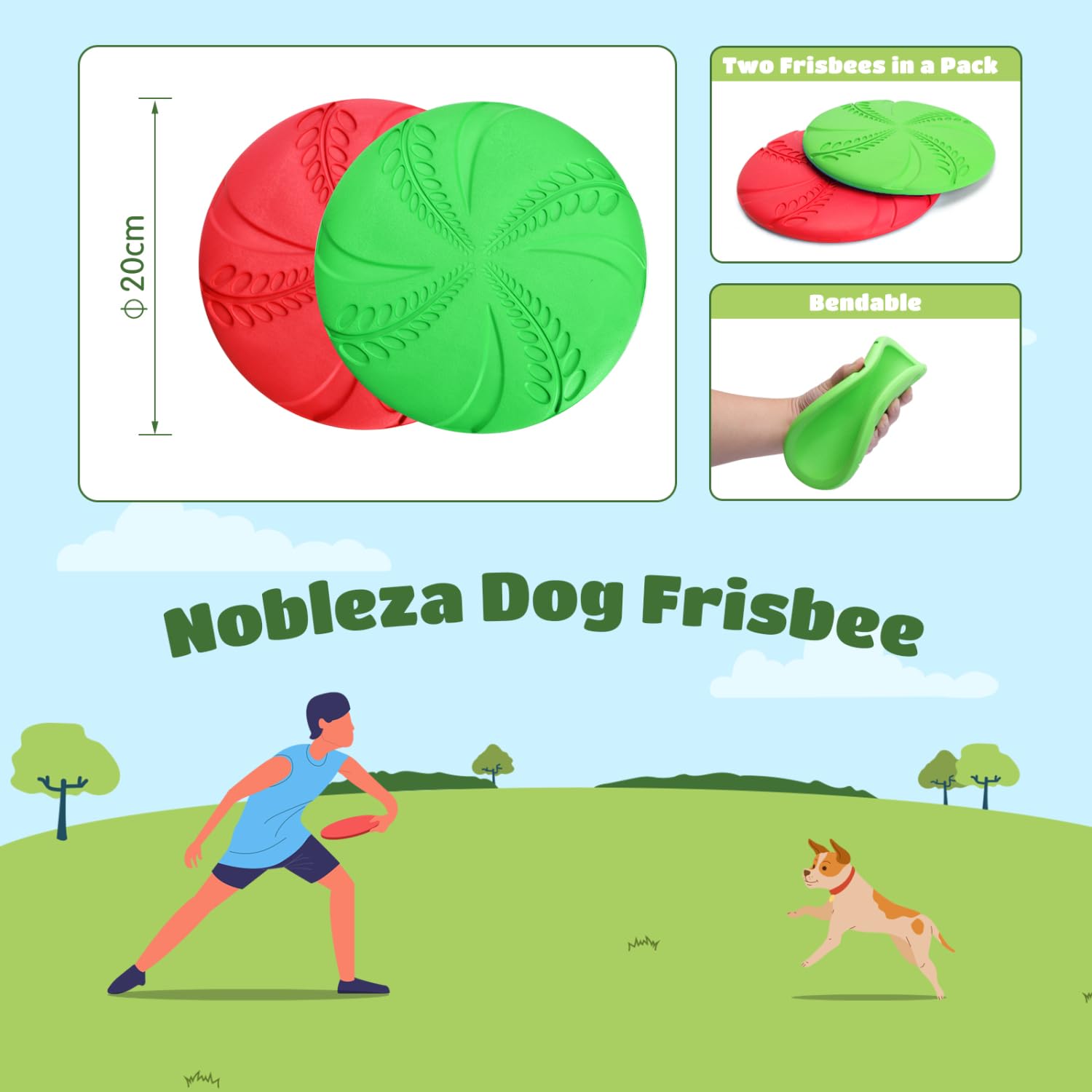 Nobleza Frisbee per Cani, 2 Unità di Gomma Durevole per Addestramento all'Aperto, D20 cm, Rosso & Verde