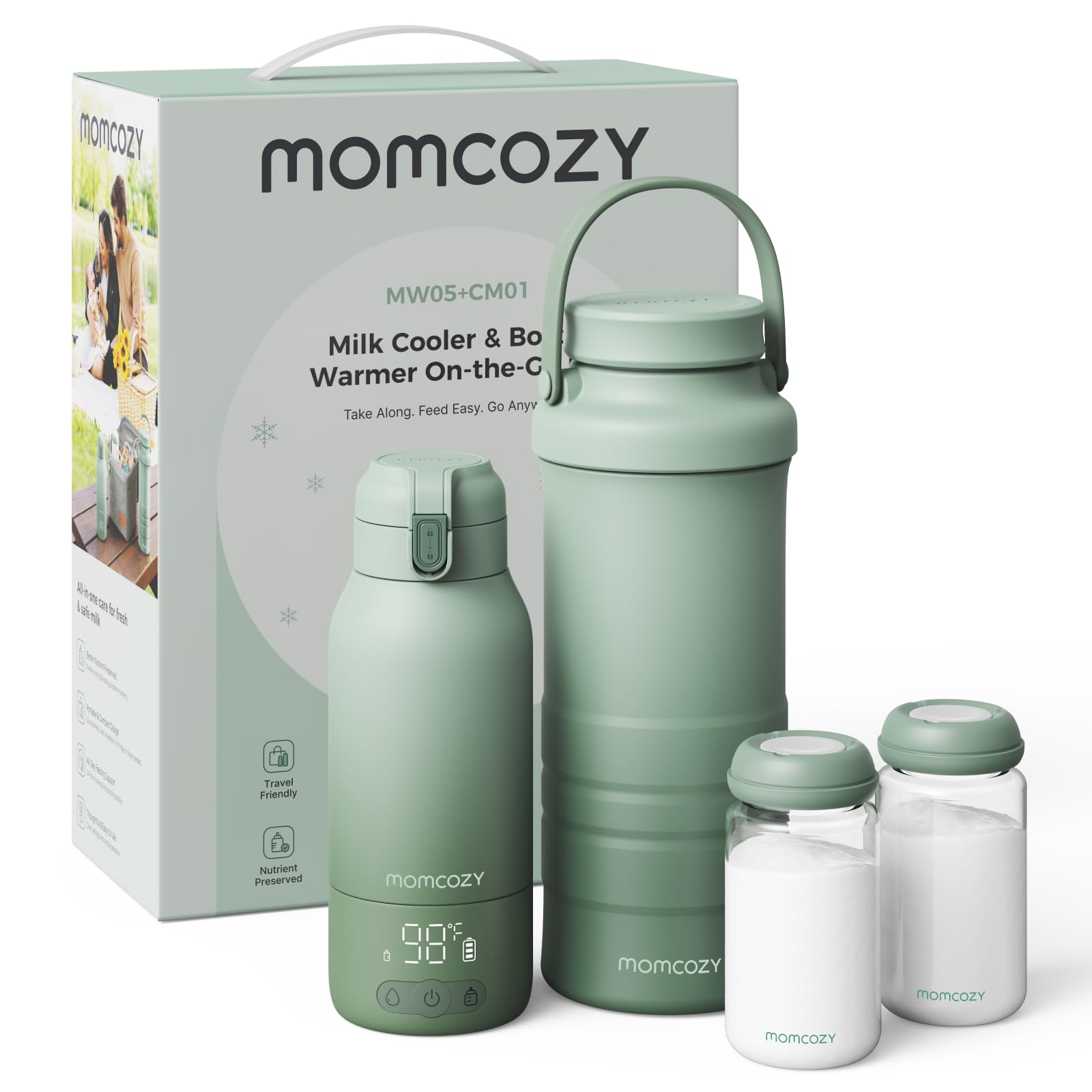 Momcozy Set Calienta Biberones MW05 y Enfriador Leche Materna CM01 500ml con Conservación de Leche Materna 24h, Portátil para Lactancia y Viajes