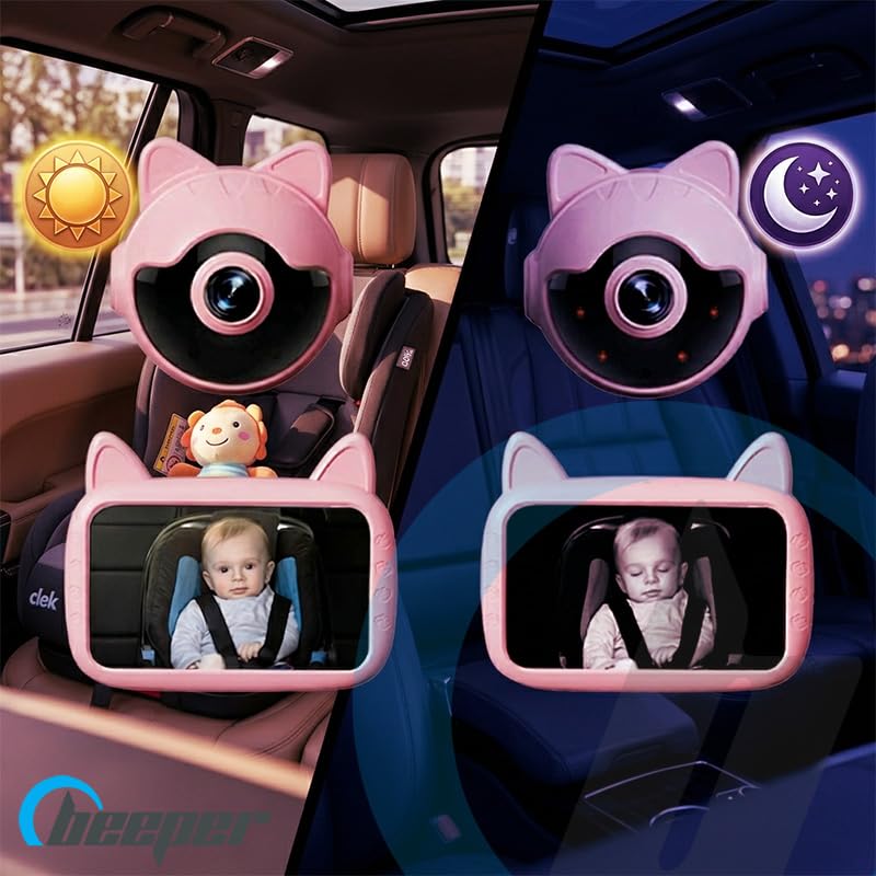Beeper BABEECAM 1 - Cámara de Coche para bebé con Pantalla de 4,3 Pulgadas, visión Nocturna automática, cámara de Gato para Asiento Trasero, vigilancia de bebé en Coche, fácil instalación, Color Rosa