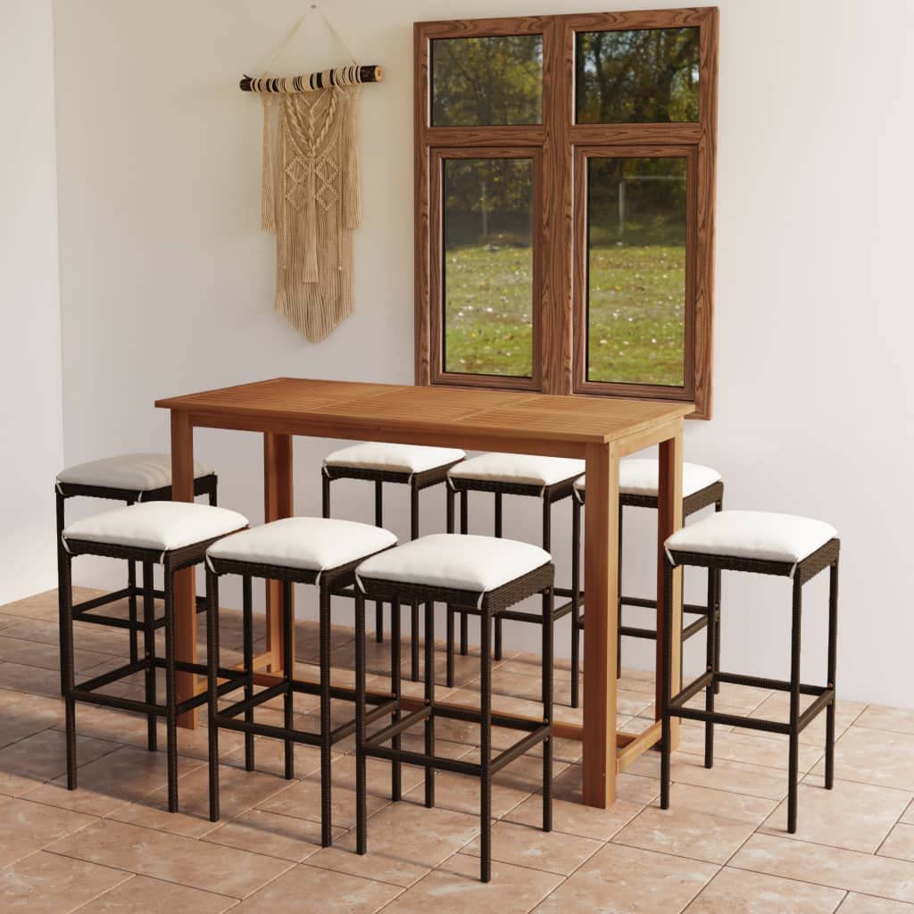 Juego de bar de jardín con cojín marrón de 9 piezas, madera de acacia maciza, estructura de acero con recubrimiento en polvo con ratán de polietileno, cojines de asiento extraíbles, máx. 110