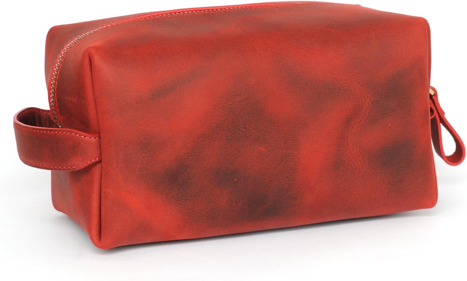 Handcrafted Leather Toiletry Bag for Cosmetics, Handmade Leather Dopp Kit to Keep Toiletries for Travels, Red, Medium