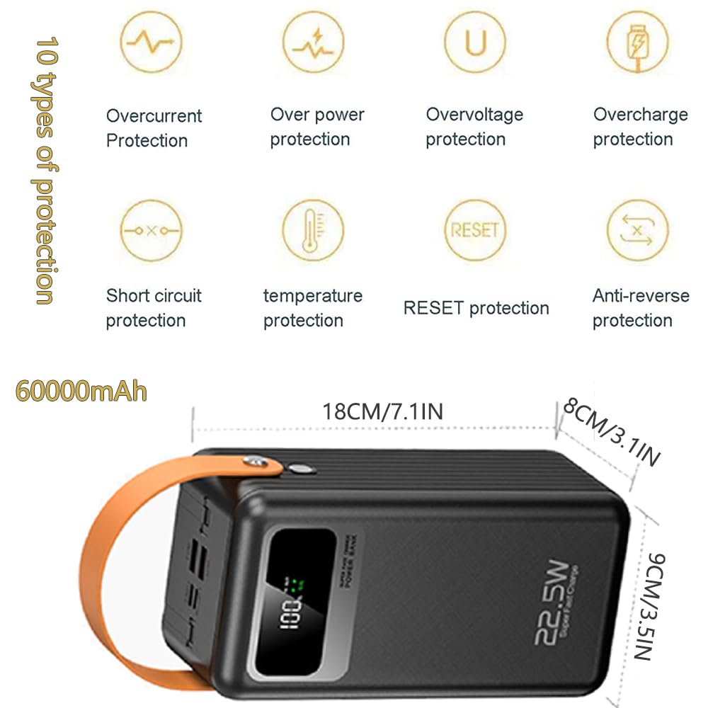 Przenośna ładowarka do szybkiego ładowania PD22,5 W z 4 wyjściami, power bank o dużej pojemności 60 000 mAh, bateria zewnętrzna z wyświetlaczem LED do telefonów tabletów (rozmiar: 60000 mAh,