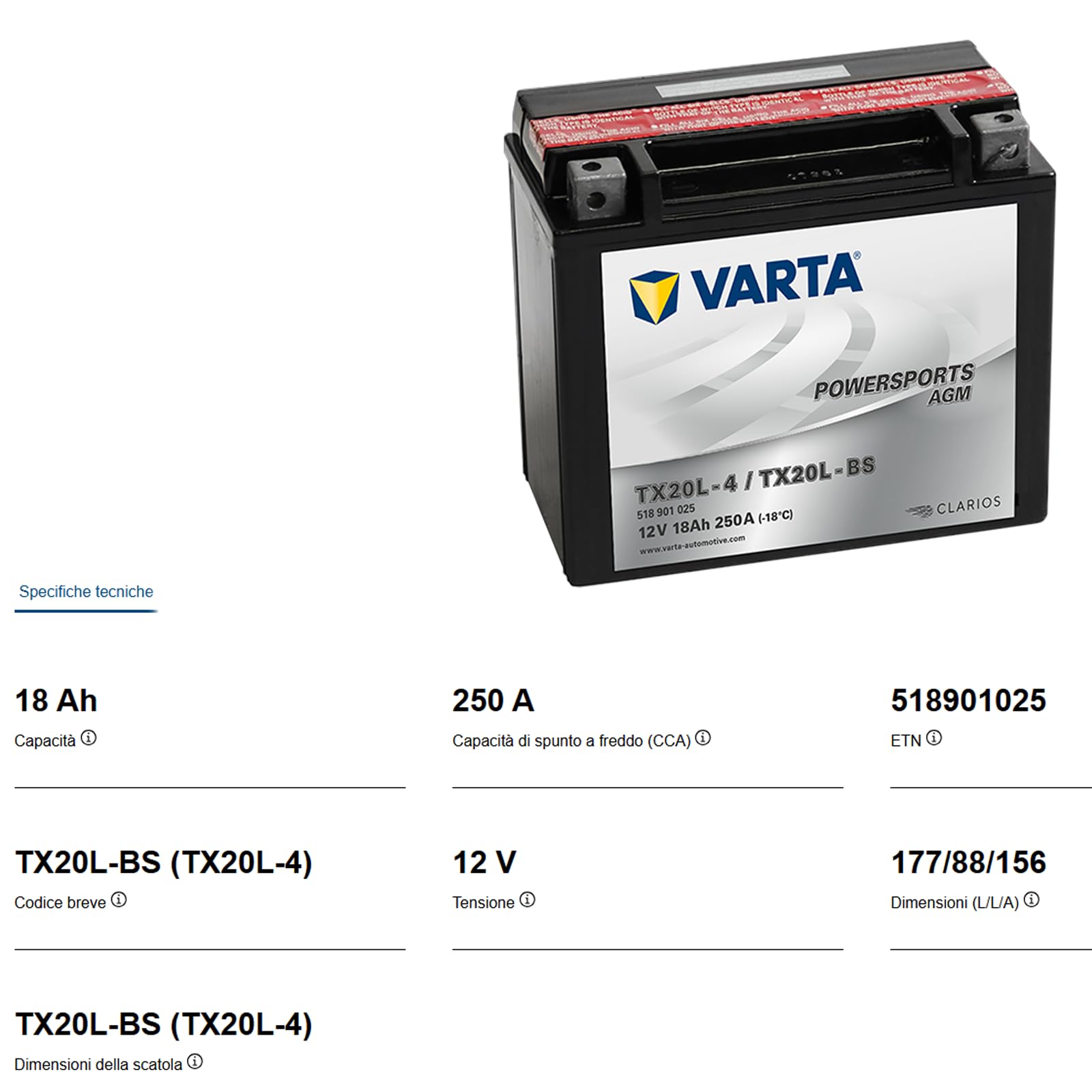 Akumulator motocyklowy Varta POWERSPORTS AGM 518 901 025-18Ah - SPunto 250A - TX20L-BS (TX20L-4) - YTX20L-BS (YTX20L-4) - FTX20L-BS (FTX20L-4) - 177mm X 88mm X 156mm
