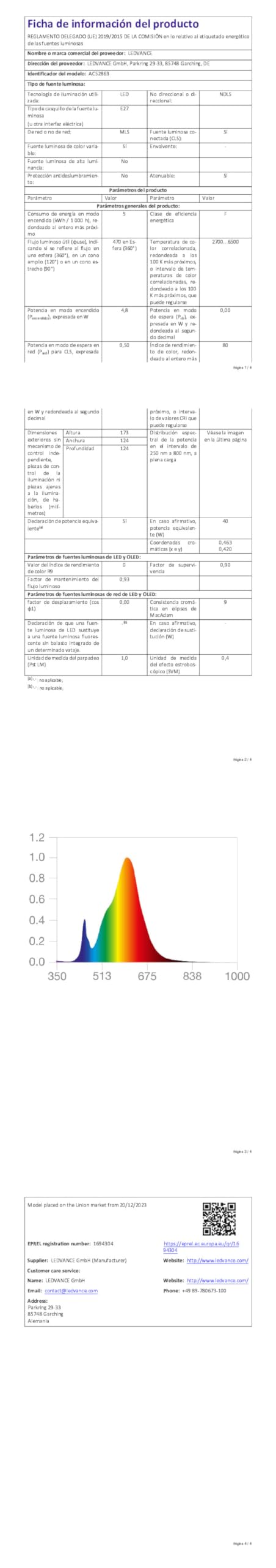 LEDVANCE Lámpara LED SMART+ MATTER, compatible con Google, Alexa, Apple, cristal blanco, 4,8W, 470lm, base E27, función RGBW y luz blanca, control por app o voz, vida útil de hasta 15.000 horas