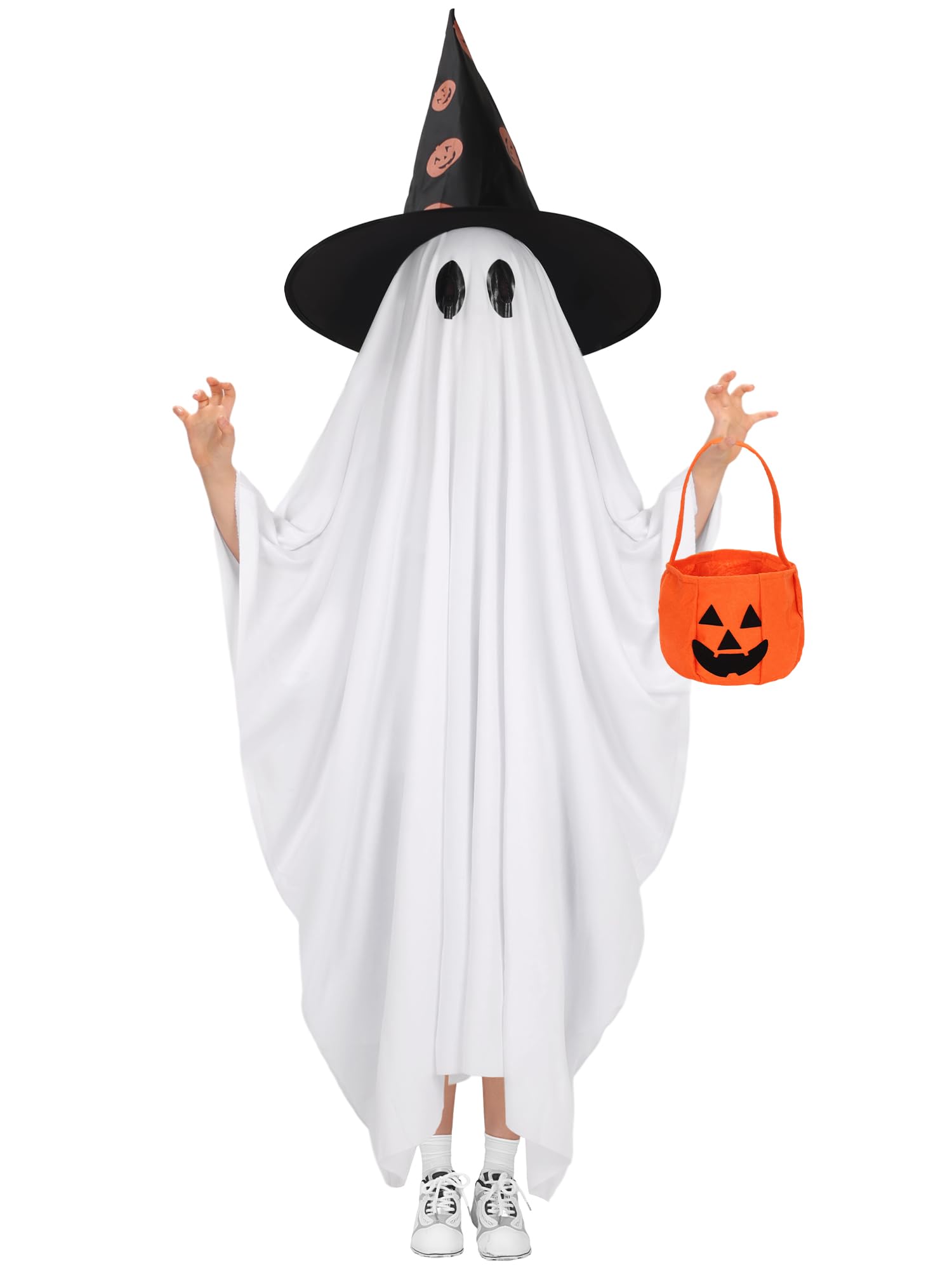 Erogeen Ghost Costume Kids White Ghost Cloak with Witch Hat Pumpkin Bag Scary Halloween Costumes for Boys Girls (White & Black, M(3-5Y)