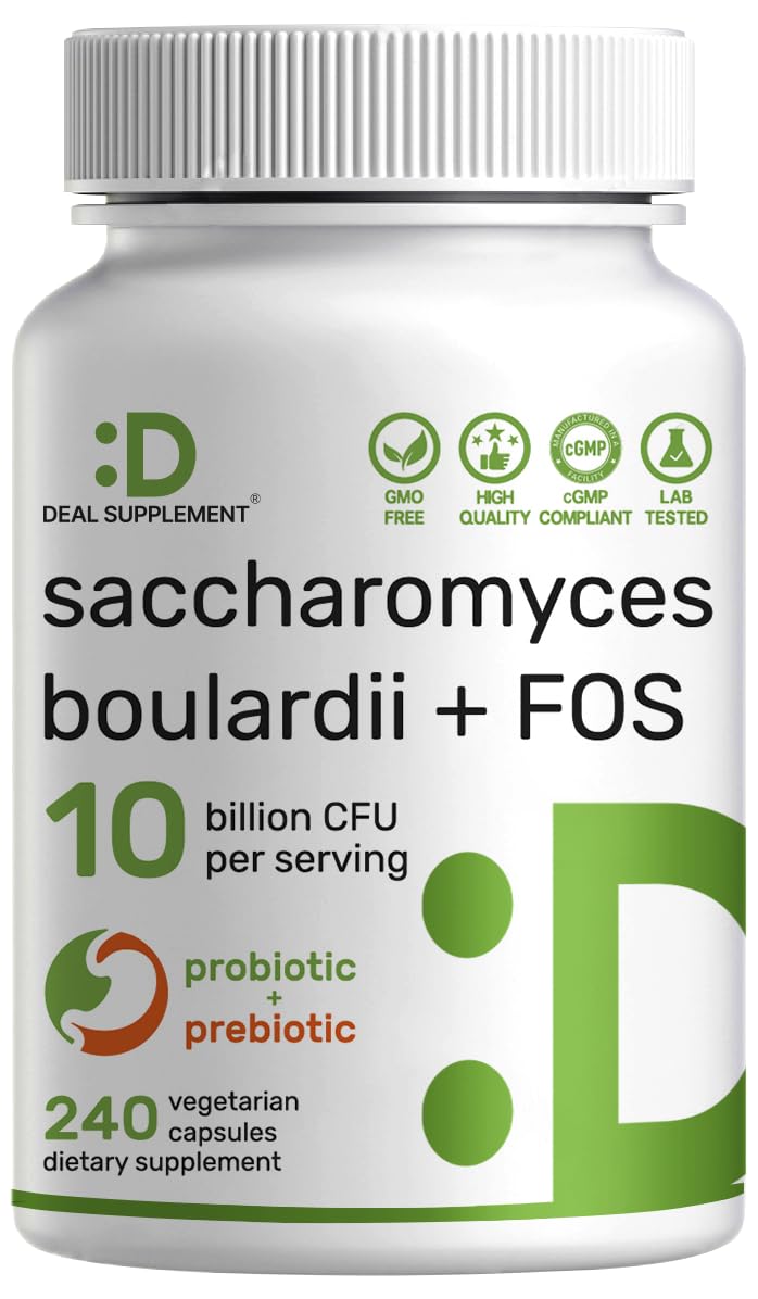 Saccharomyces Boulardii Probiotics + FOS Supplement, 10 Billion CFU, 240 Veggie Capsules – Probiotic & Prebiotic for Women & Men – Gut, Immune & Digestive Health Support – Non-GMO