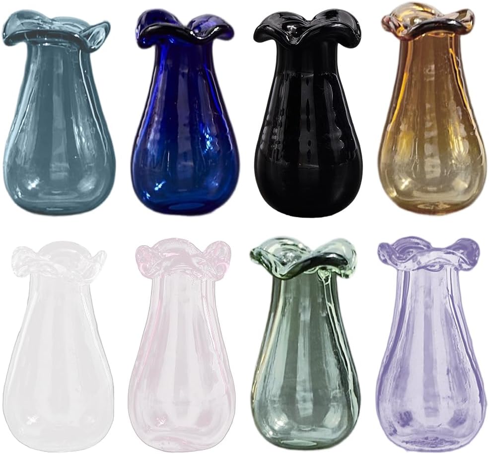 1 Box 8Pcs 8 Colors Mini Vase Set Miniature Jars Transparent Small Glass Cat Whisker Holder Hair Keepsake Garden Microcosm Accessories Tiny Glass Vases for Dogs Kitten Storage Memorial Gifts