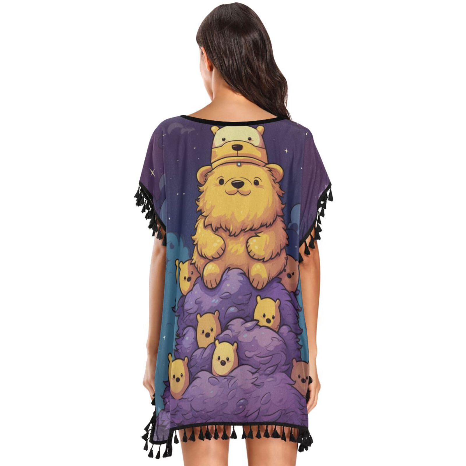 Doodle Art Cute Bear Women's Beach Cover Up Chiffon Tassel Swimwear Swimsuit Coverups for Girl