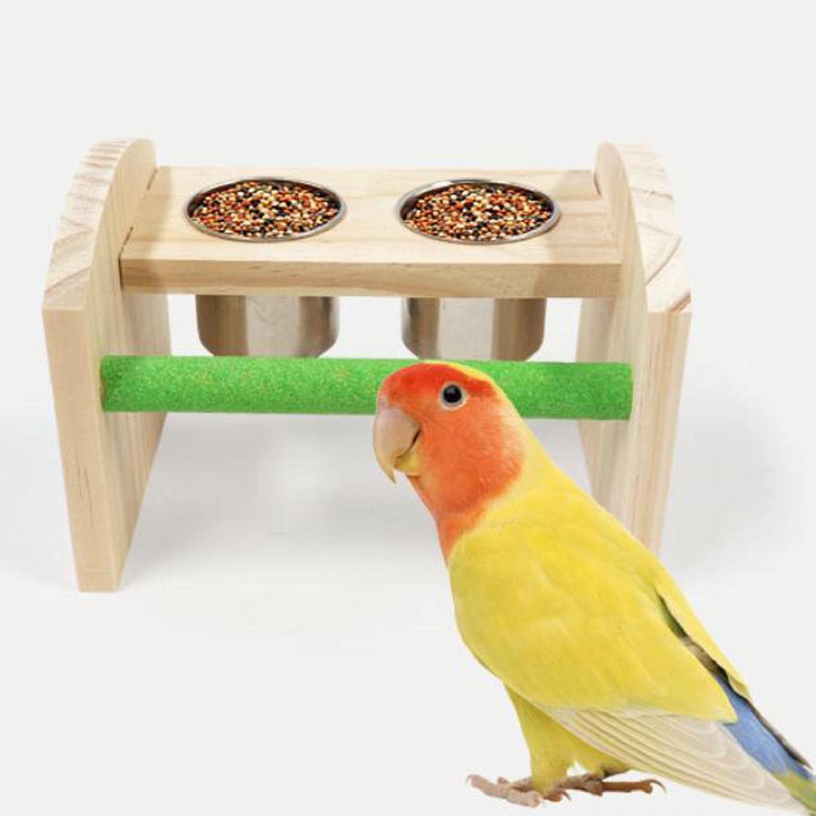 Papageien-Futterstation, Edelstahl, Vögel, Wassernapf, Schüssel mit Plattformständer, Futternapf, Futterspender, Sitzstange aus Holz for den Hinterhof im Freien/185