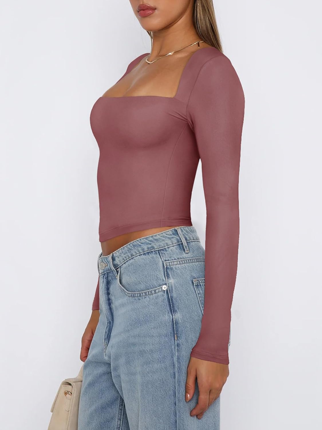 REORIA Women's Basic Sexy Square Neck Long Sleeve Y2K Going Out T Shirt Crop Top - Image 2