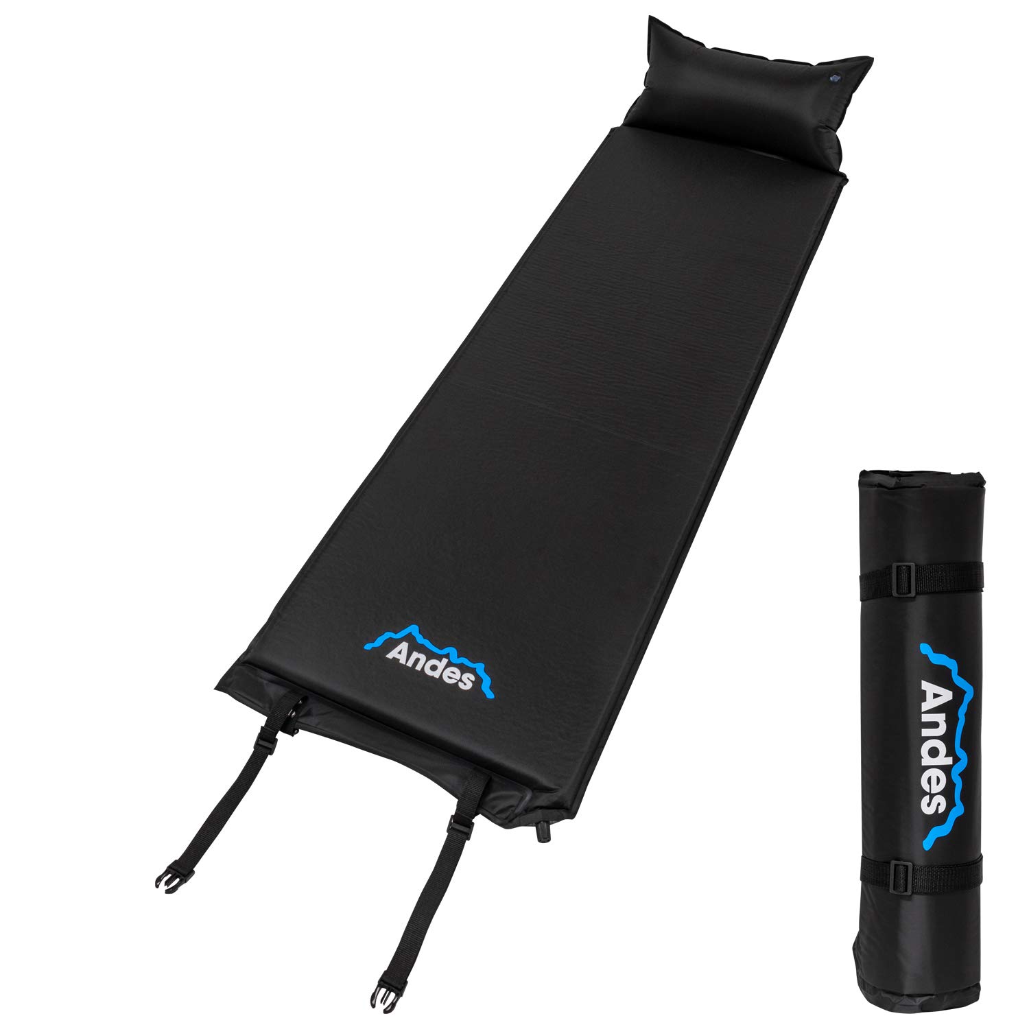 Andes Self Inflating Camping Travel Mat With Pillow, Outdoor Sleeping Hiking Backpacking Roll Mattress Black