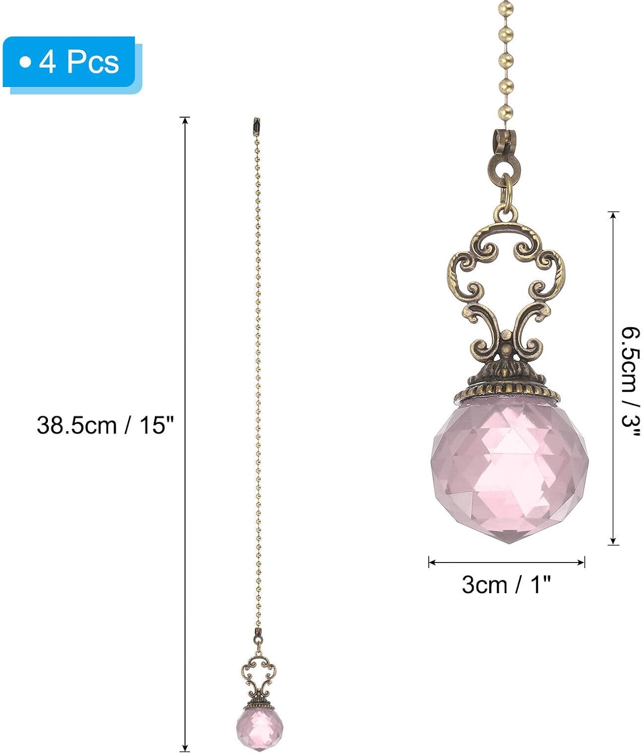 Home and Garden Parts 4 Pcs 15" Crystal Ceiling Fan Pull Chain Pink (Crystal Prism Ball) #CN/251024/06505
