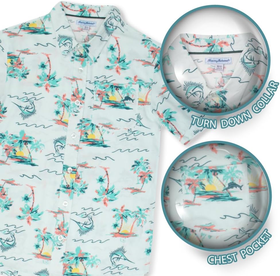 Tommy Bahama Boys Hawaiian Button Down Short-Sleeved Shirt, Graphic T-Shirt & Shorts Set, 3-Piece Summer Outfit for Kids