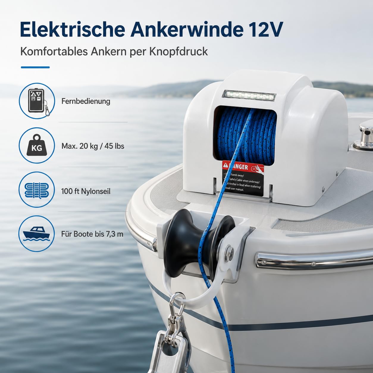 Anker Boot Elektrische Ankerwinde 12V mit Fernbedienung, Elektrische Seilwinde für Boote mit 30 m Nylonseil, Belastbarkeit bis 20 kg, Bootsanker Winde für Schnellboote Fischerboote Motorboote
