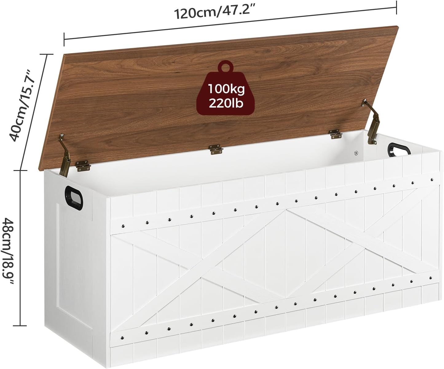 47.2" Storage Chest, Extra Large Toy Box with 2 Safety Hinges, Wooden Toy Chest, Storage Bench with Rivets, Storage Trunk for Bedroom, Living Room, Entryway, White and Brown SCBZ18501