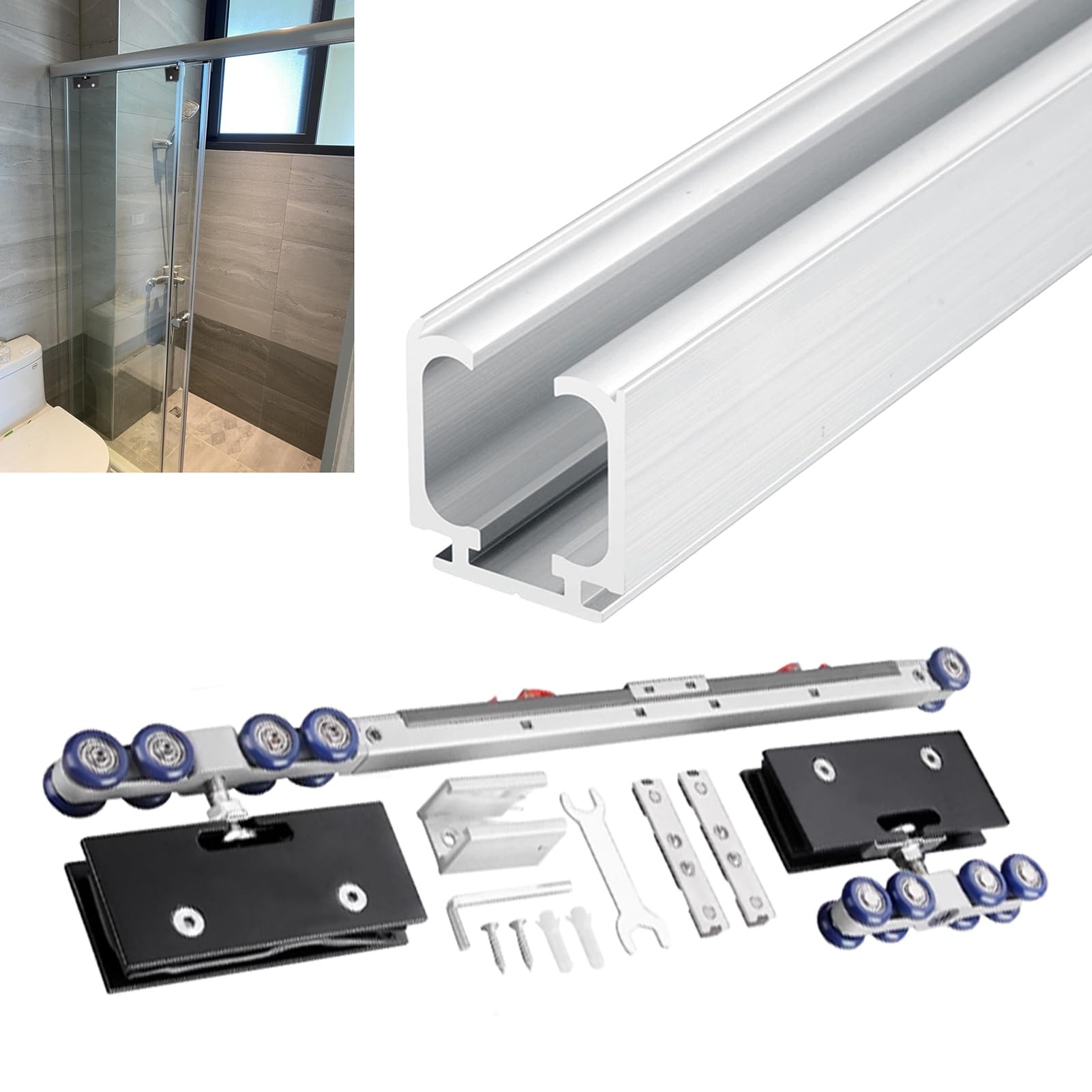 Riel para Puerta corrediza de Vidrio sin Marco con Cierre Suave - Kit de herrajes para Puerta corrediza de Granero de 60 Pulgadas, Montaje Superior Personalizable, Acabado Negro para baños e