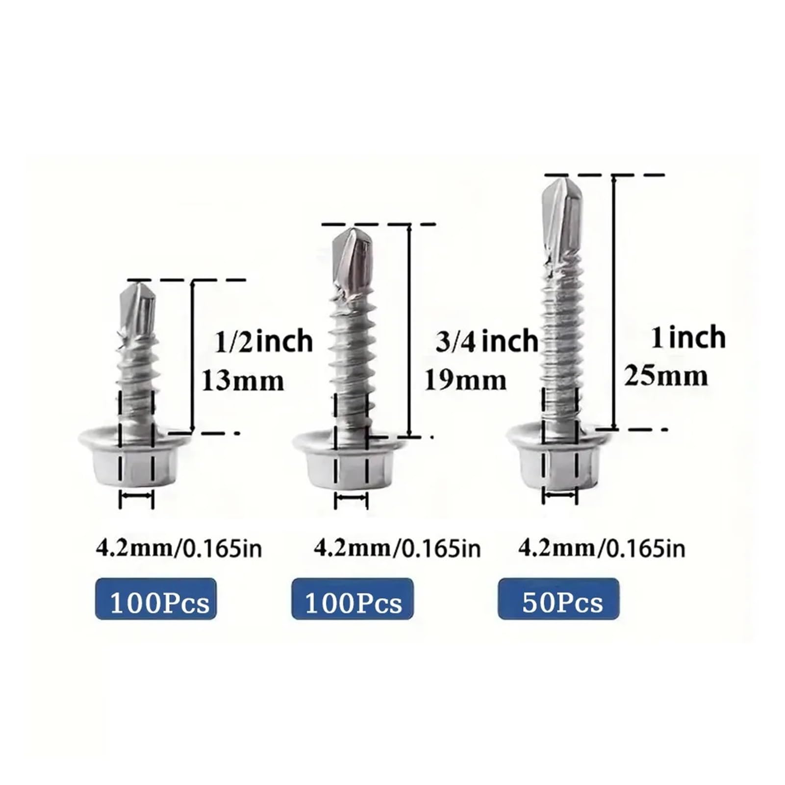 Kit surtido de 250 tornillos autorroscantes con accionamiento hexagonal exterior y rosca completa, de acero inoxidable 410