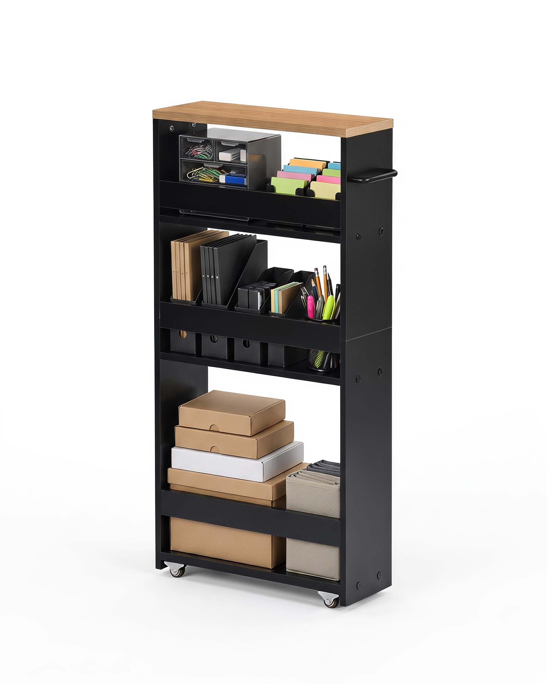 Carrito de Cocina Estrecho de 14 cm con Asa, Carrito Auxiliar con Ruedas de 4 Niveles, Carro de Almacenaje para Cocina, Salón y Despacho, Negro y Roble, 40 × 14 × 80 cm