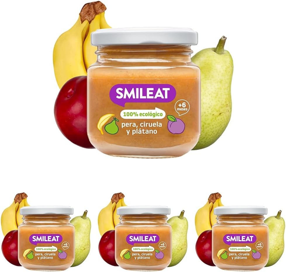 Smileat - Tarrito de Frutas Ecológicas con Pera, Ciruela y Plátano para peques +6 Meses - Sin Azúcar Añadido, Sin Sal, Sin Leche, Sin Huevos - 130g (Paquete de 4)