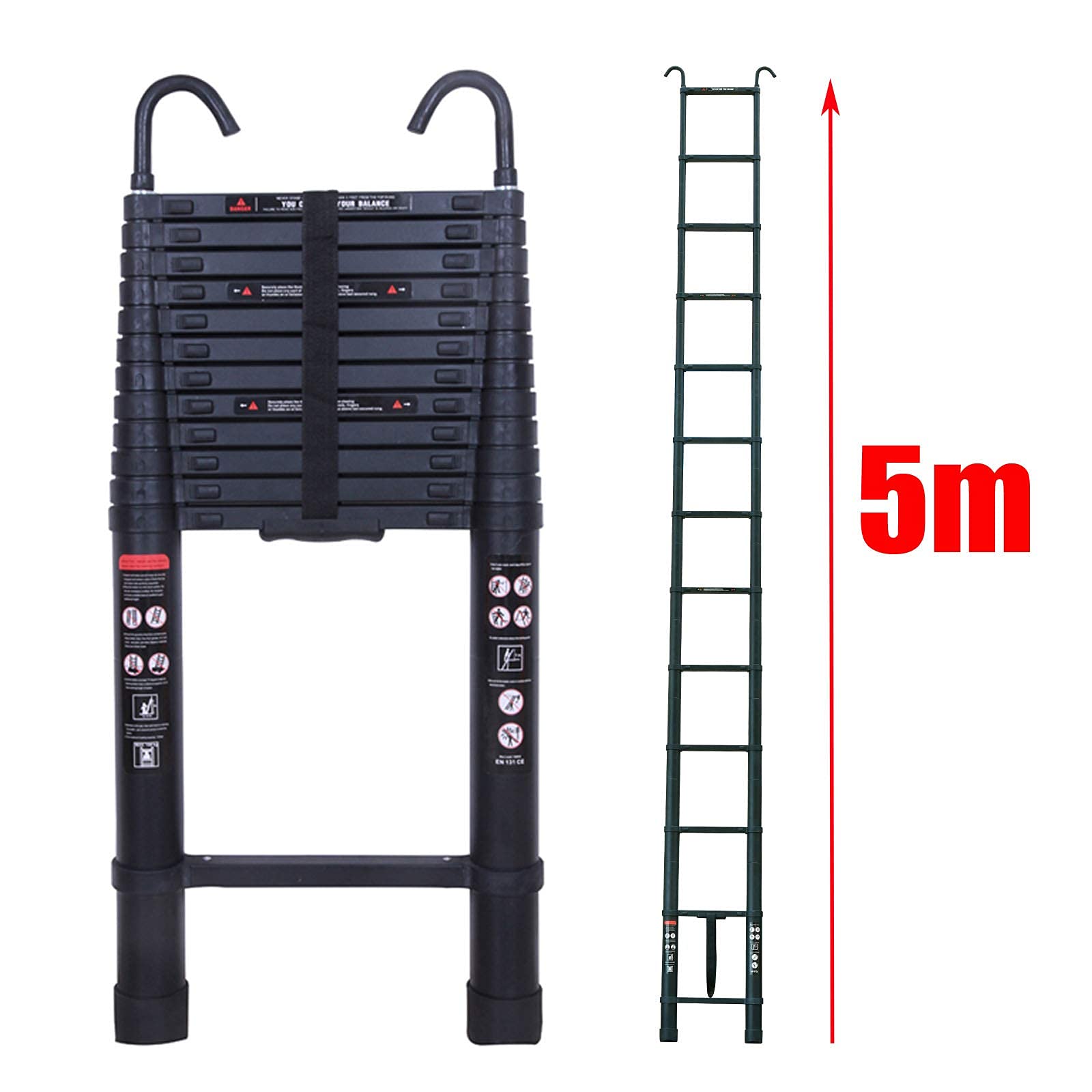 5 m drabina teleskopowa wielofunkcyjna ze zdejmowanym hakiem, aluminiowa drabina składana, antypoślizgowa, wysuwana, wytrzymała, obciążenie 150 kg (czarna)