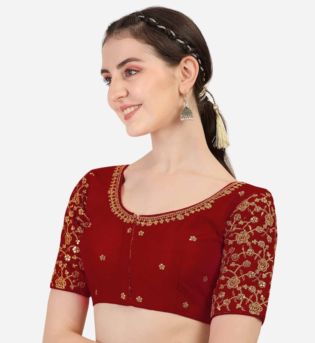 Pujia Mills Women's Phantom Silk Flowerhalf Sleeve Saree Blouse (Flowerr Blouse_Maroon_36 Size+Margin)