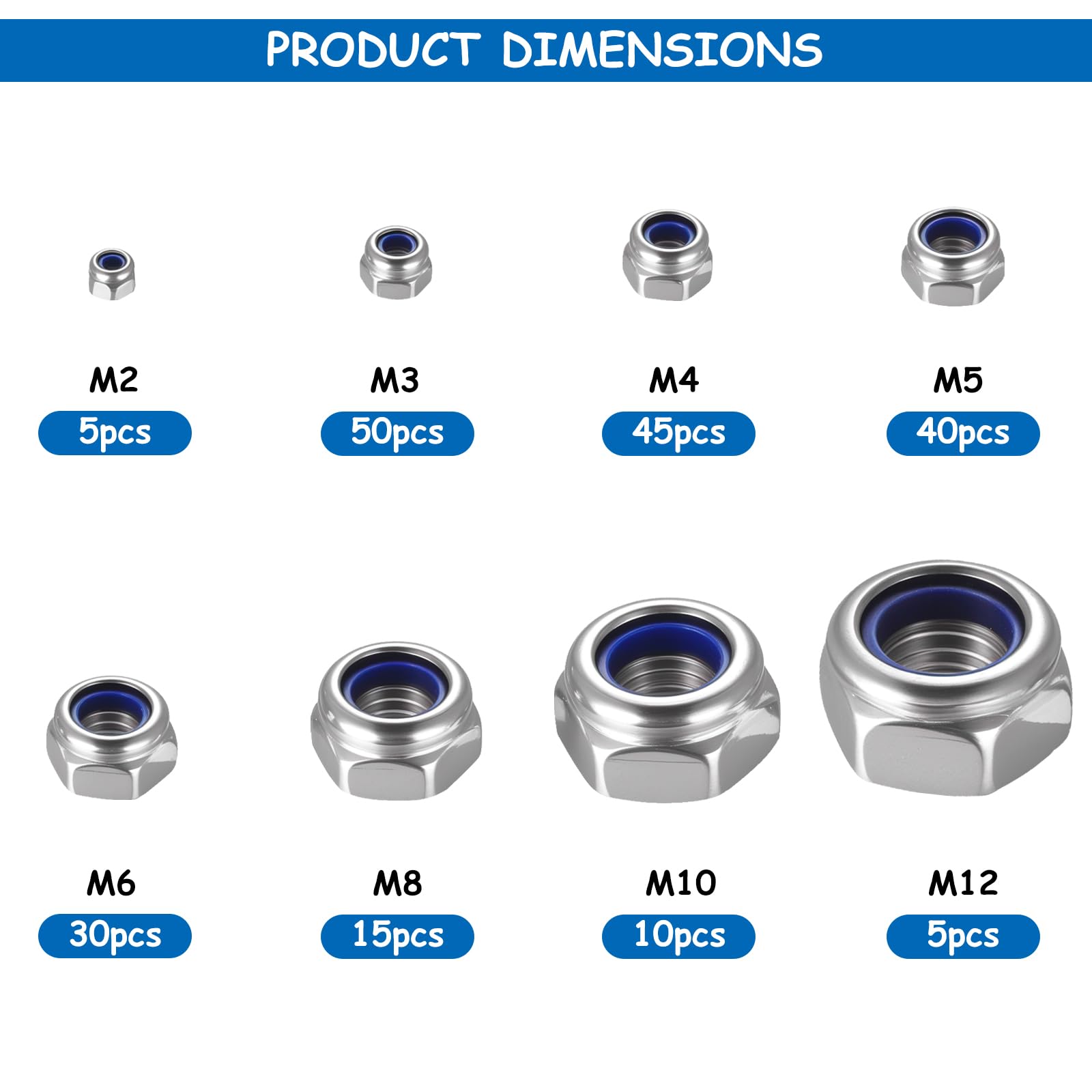 Dadi esagonali in acciaio inox, set di dadi autobloccanti, dadi di bloccaggio per viti, barra filettata, M2, M3, M4, M5, M6, M8, M10, M12, set di dadi in acciaio inox